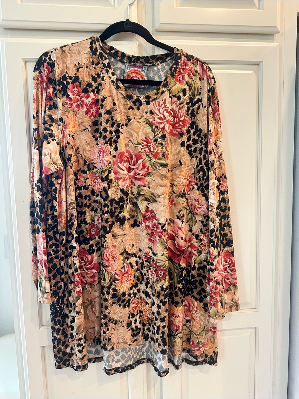 Johnny Was Floral & Leopard Print Long Sleeve Tunic - Black, Pink, Tan